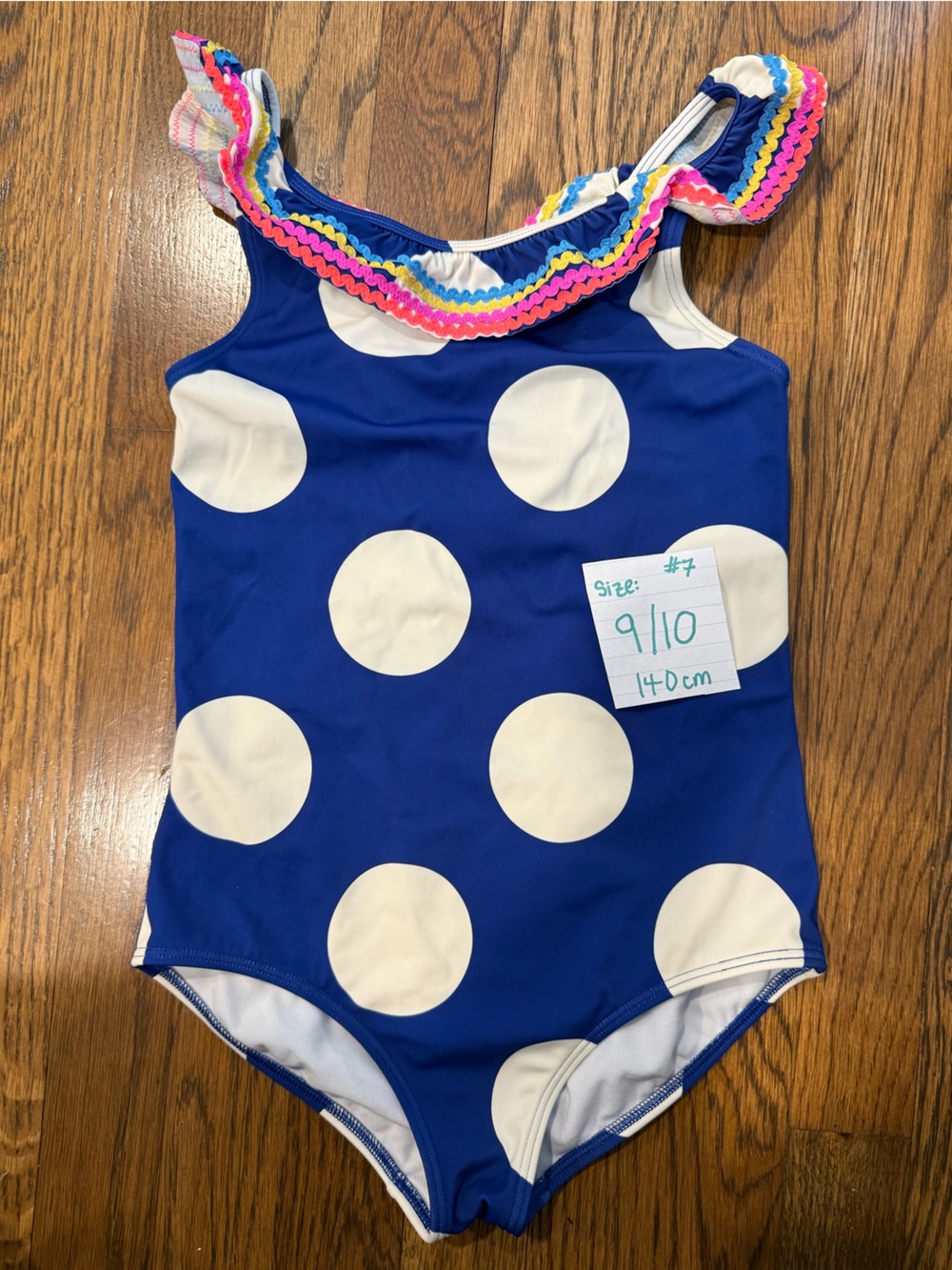 Mini Boden Blue and White Polka Dot One-Piece Swimsuit with Rainbow Trim